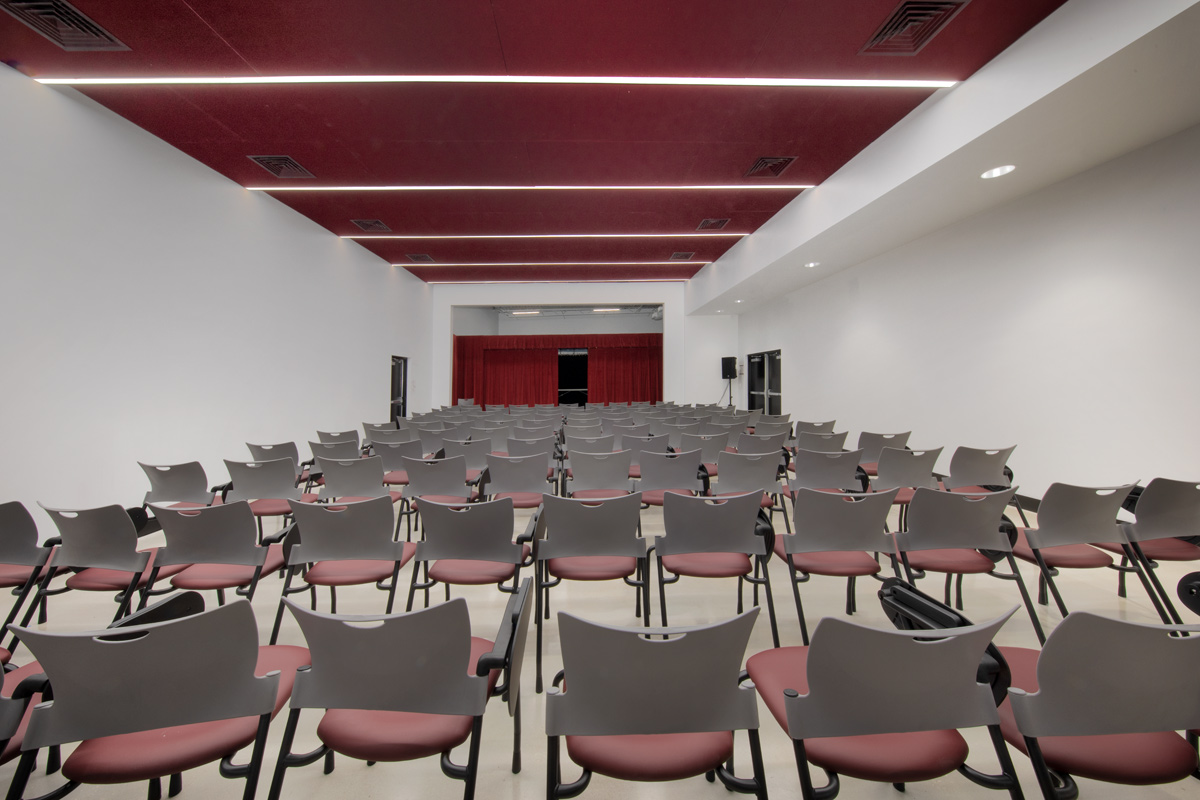 Interior design view of the black box theater classroom at the Somerset Collegiate Preparatory Academy hs in Port St Lucie, FL.